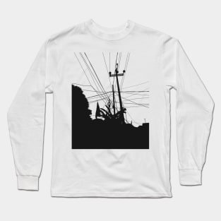 Silhouette of an electric pole with it messy wires Long Sleeve T-Shirt